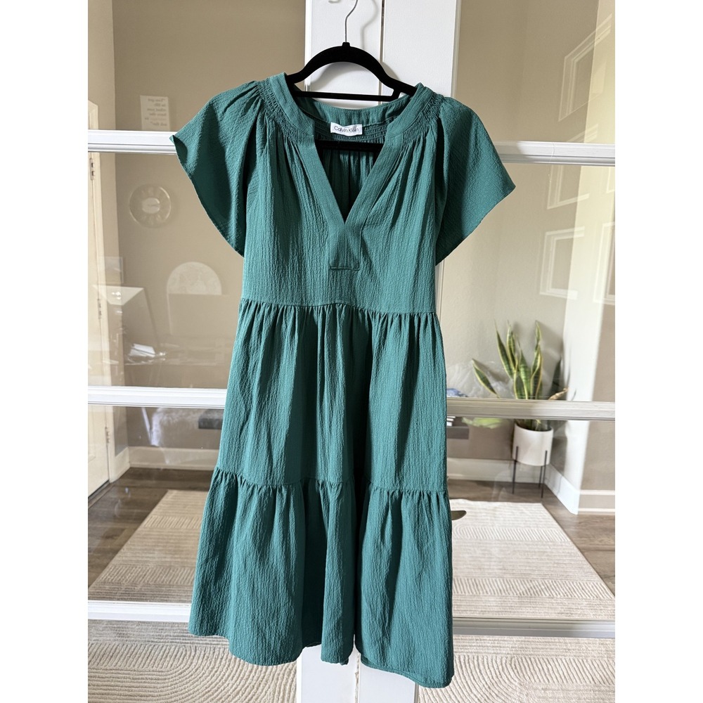 Calvin Klein Women Teal Green Tiered Flutter Sleeve Crepe Babydoll Dress Medium